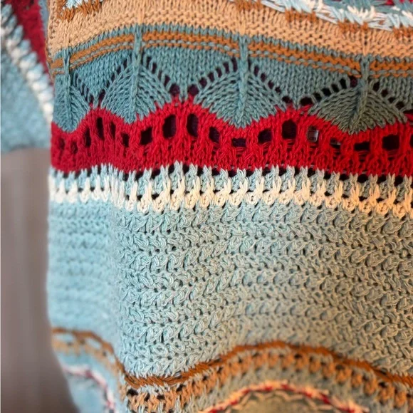 POL Light Blue Green Crochet Stripe Crop Top with Red & Tan Accents - Picture 4 of 8